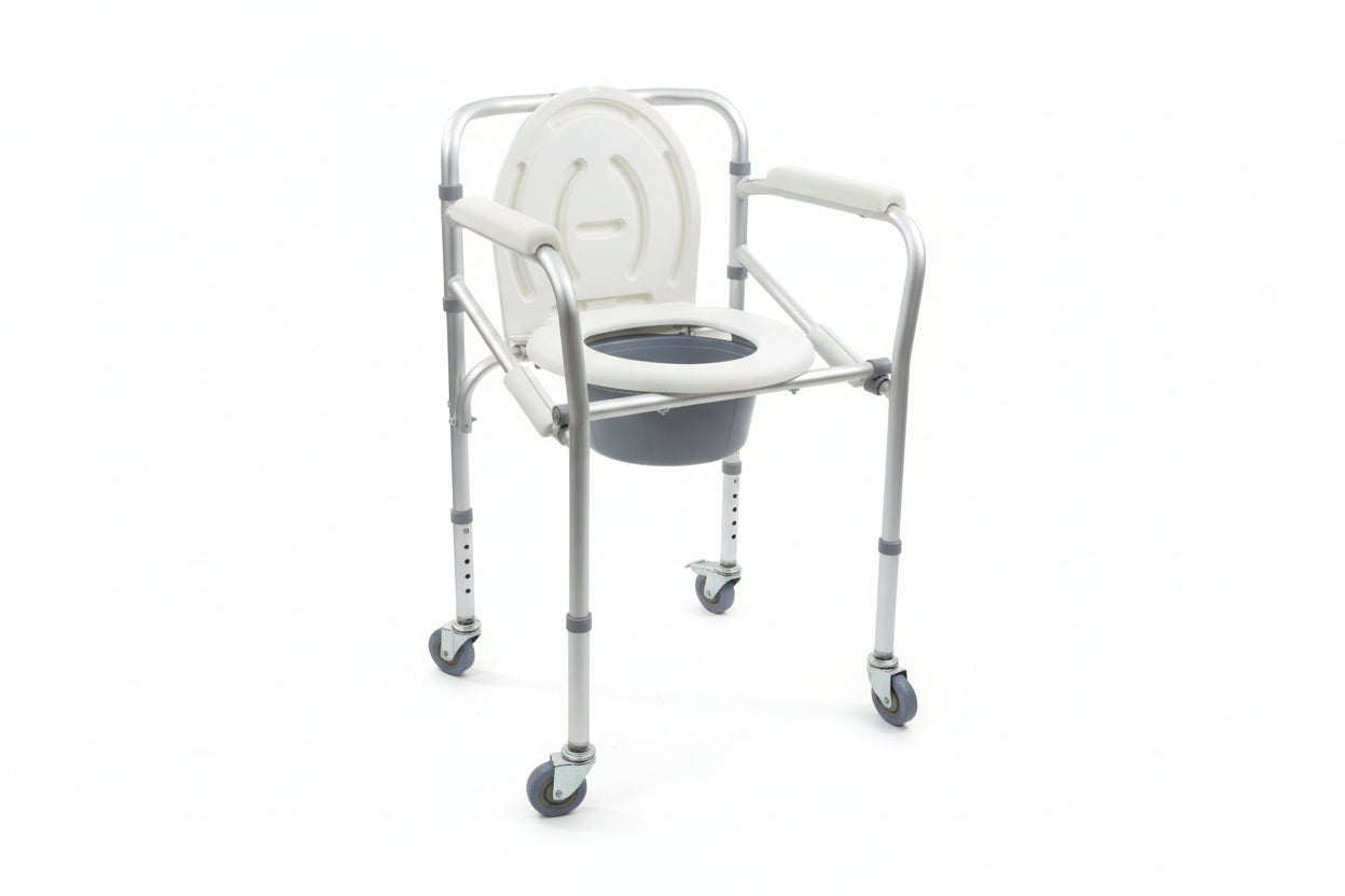 Folding Aluminium Commode Chair with locking Wheels | Portable Patient Toilet Chair